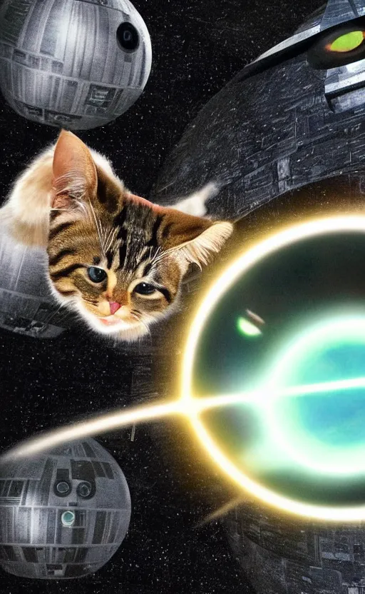 Image similar to A cat with anomalously giant eyes fires lasers from its eyes into the Death Star, realistic, photo, 8k, detailed, high resolution