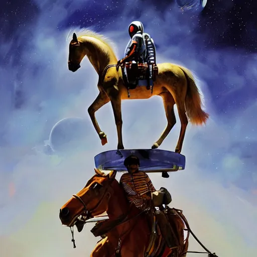 Image similar to a horse on top of a man, the astronaut is carried by the horse, hyperrealism, no blur, 4 k resolution, ultra detailed, style of ron cobb, adolf hiremy - hirschl, syd mead, ismail inceoglu, rene margitte