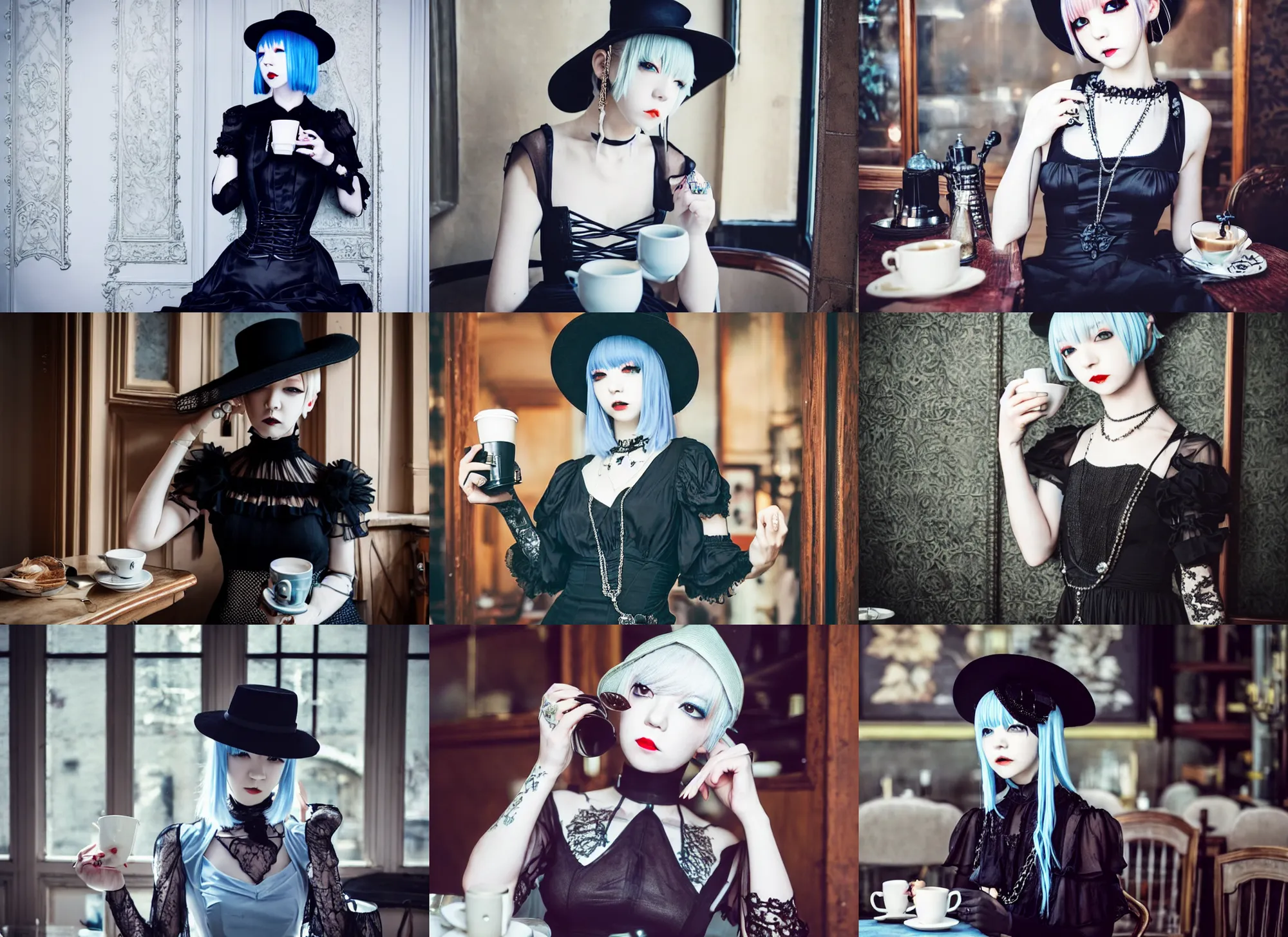 Prompt: full body portrait photo of reol wearing a elegant gothic dress, open top, wearing a chocker and cute hat, drinking coffee in a victorian cafe interior, dim lighting, moody, realistic, intricate and detailed, dark, skin tinted a warm tone, light blue filter, hdr, dynamic