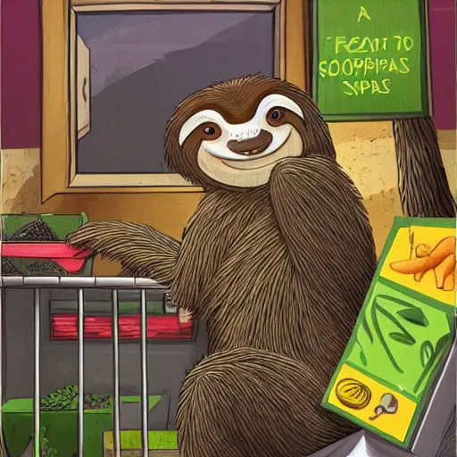 Image similar to a fantasy artwork of a sloth shopping for groceries