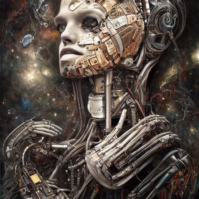Prompt: robot artist painting a self - portrait on a canvas. intricate, highly detailed, digital matte painting in the style of anna dittmann and in the style of h. r. giger. irony, recursion, inspiration.