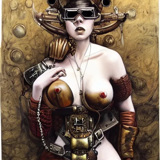 Prompt: a hyperrealistic portrait painting of a beautiful woman with demonic horns wearing steampunk goggles and ornate leather armor, holding a hi - tech weapon, by santiago caruso, highly detailed,