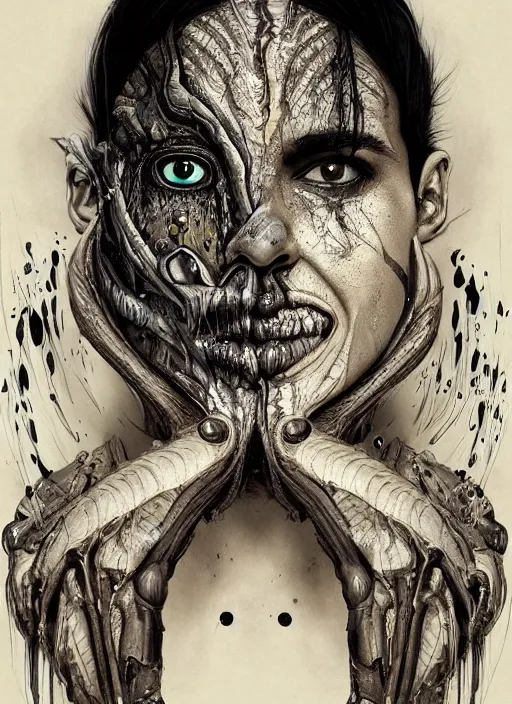 Image similar to a dream portrait of a anthropomorphic fish, black & white, melting, webbing, 8 k, by tristan eaton, stanley artgerm, tom bagshaw, greg rutkowski, carne griffiths, ayami kojima, beksinski, giger, trending on deviantart, face enhance, hyper detailed, minimalist, horror, alien