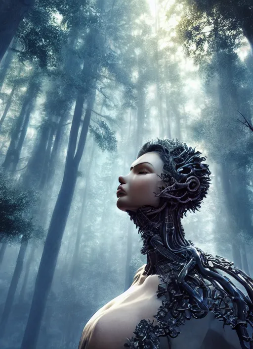 Image similar to beauteous sumptuous biomechanical incredible hair, crystalline masterpiece incrustations, hyperdetailed face, elegant pose, movie still, intricate, octane render, cinematic forest lighting, cgsociety, unreal engine, crepuscular rays, god rays