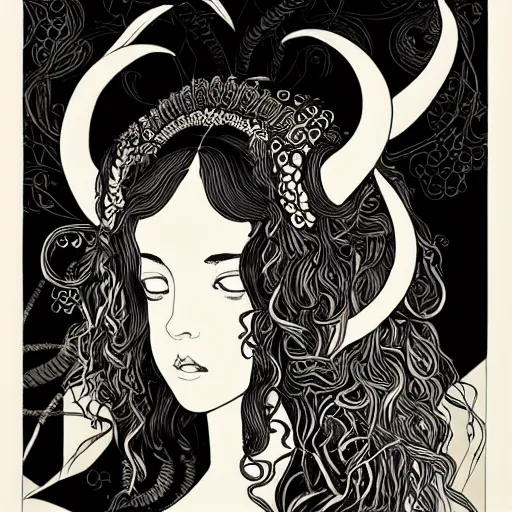 Image similar to filigree detailed illustration portrait of a profile of gypsy girl with long curly hair and big goat horns on her head, aubrey beardsley, tomer hanuka, makoto shinkai