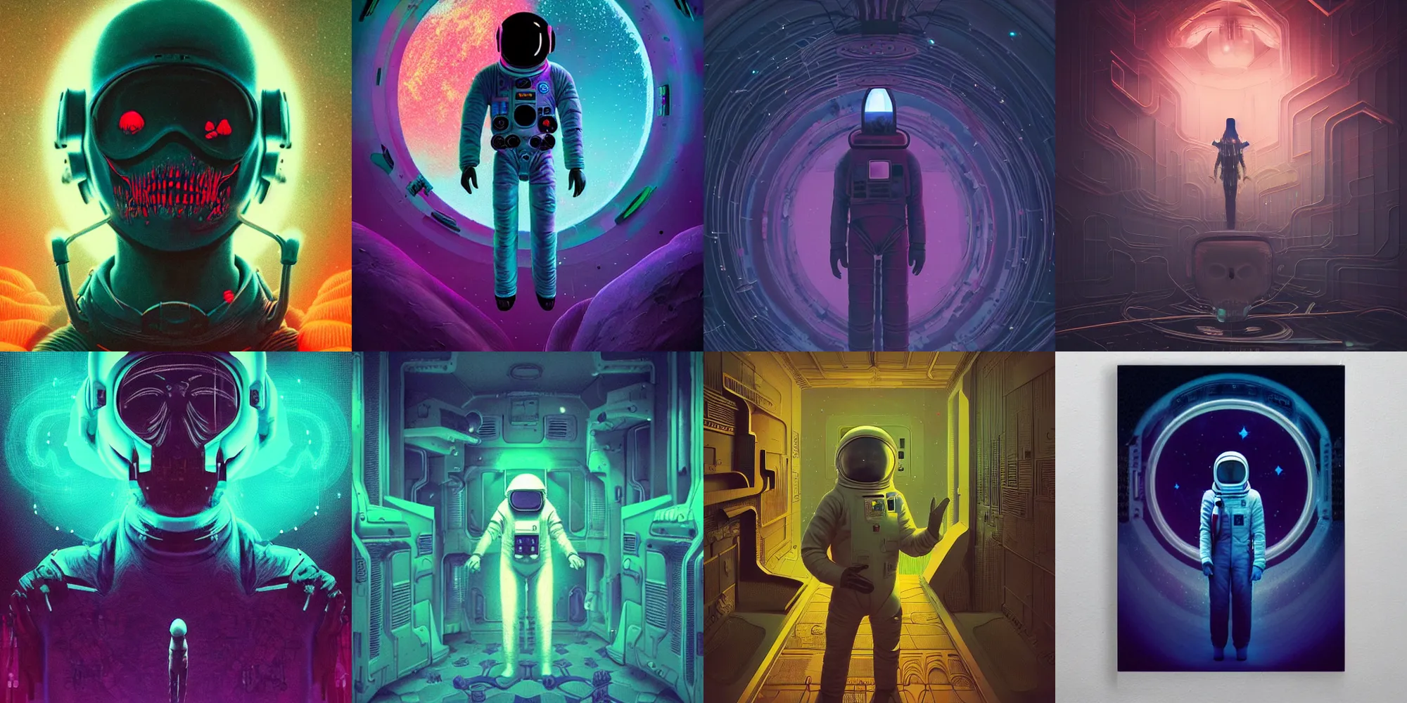 Image similar to beautiful dark astronaut, horror poster 9 0 s, cosmic horror, abstract, ghostly, arcade, duotone, poltergeist, lets get weird, intricate, elegant, highly detailed, smooth, sharp focus, unreal engine 5, raytracing, art by beeple and mike winkelmann, ultraviolet colors,