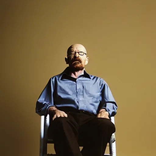 Image similar to walter white sitting on chair standing photo by annie leibovitz 8 0 mm lens bokeh