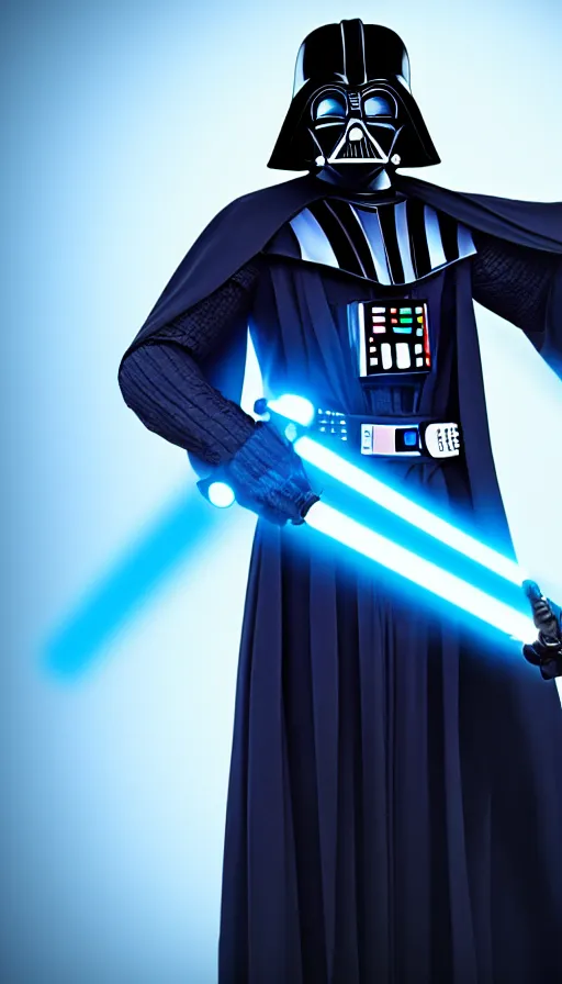 Prompt: A blue Darth Vader suit holding a blue lightsaber, 4k, dark background, 3d, full body,