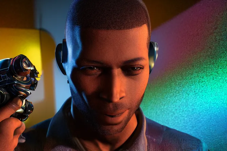 Prompt: high octane 4K 3D render of a smooth black man with short hair cut, looking into a futuristic sci-fi robot camera lens, recording neon lights, metallic, in the style of Daniel Dociu, dramatic lighting, vibrant colors, Trending on Artstation HQ, 4K, UHD, High quality, Unreal Engine