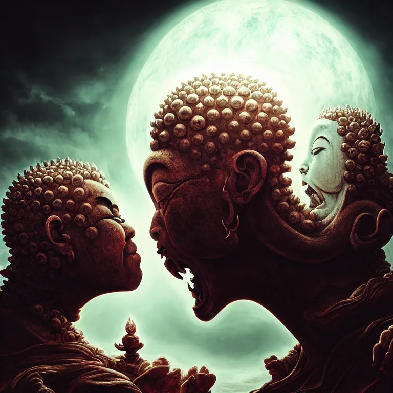 Image similar to portrait of two buddhist demons kissing each other in wastelands on white exoplanet at night, baroque portrait painting, beautiful intricate insanely detailed octane render, artstation, 8 k artistic harsh flash photography, photorealistic, volumetric perfect light, chiaroscuro, raphael, caravaggio, beksinski, rutkowski, giger
