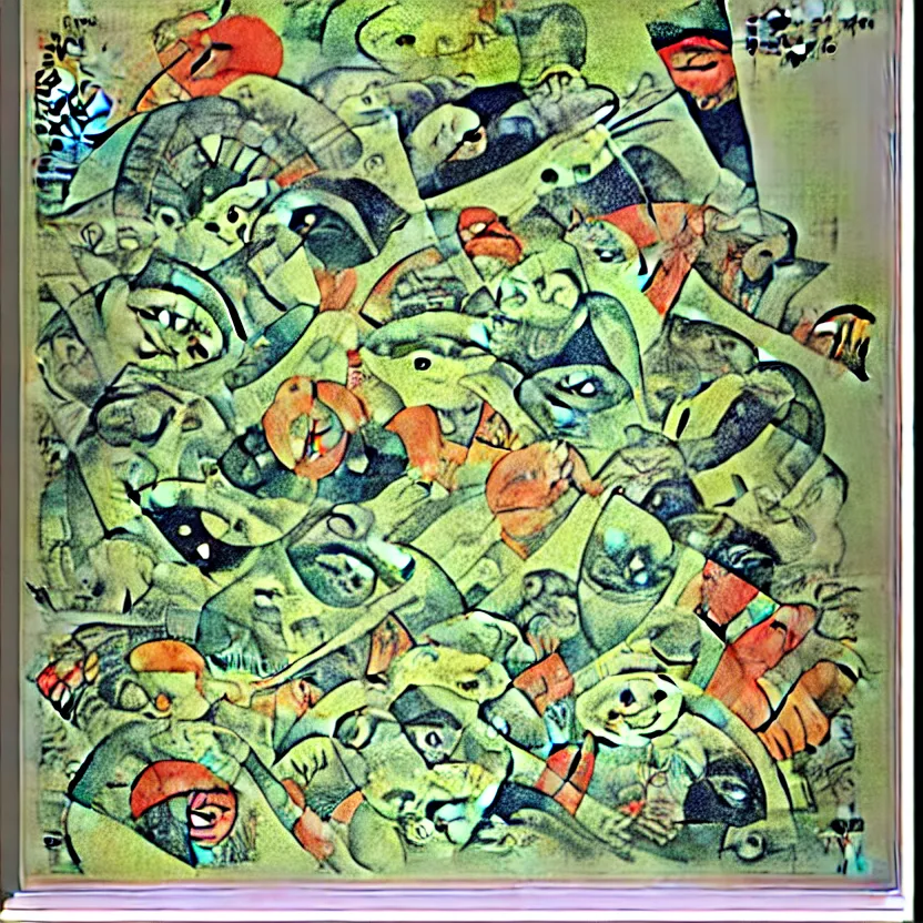 Image similar to business dashboard with time series charts, pie plots and other modern graphics, with small creatures with many eyes. diego rivera ( with slight ukiyo - e influence ). ravi supa.