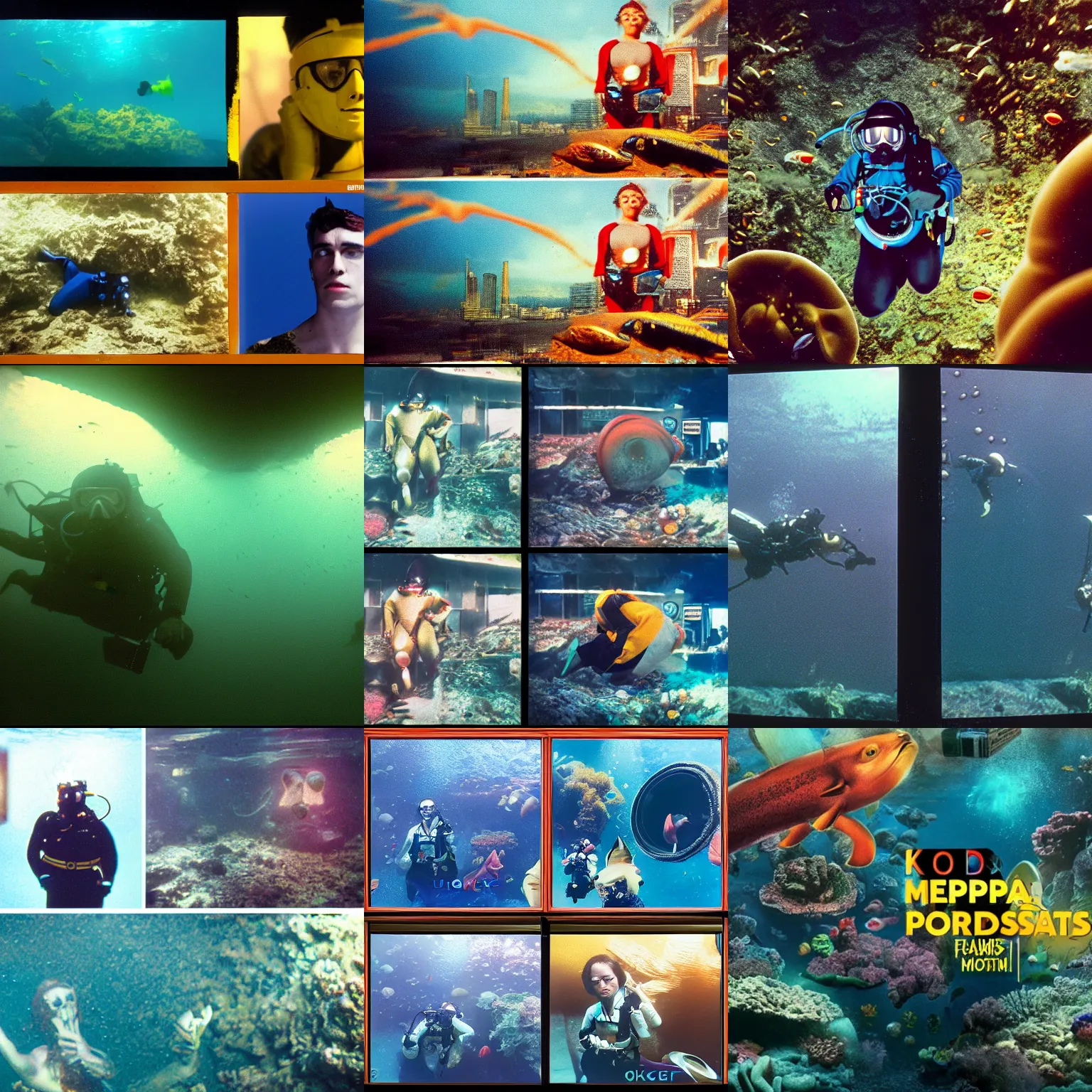 Prompt: Kodak portra 160, 4K, split wipe transition screens: famous deep sea diver in low budget metropolis movie remake, underwater scene