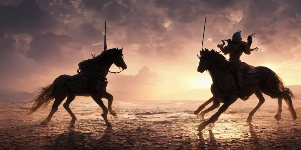 Prompt: a knight riding a horse running on a beach at sunset by greg rutkowski, hyperrealistic, concept art, octane render, unreal engine 5, trending on artstation, high quality, highly detailed, 8 k, dramatic lighting, path traced, anatomically correct, digital art, epic image, cinematic, high coherence, godrays, complementary colors, natural lighting