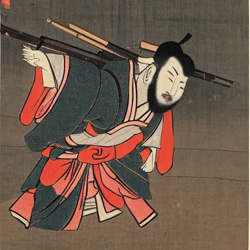 Image similar to a japanese ancient art style painting of an urban man firing a gun