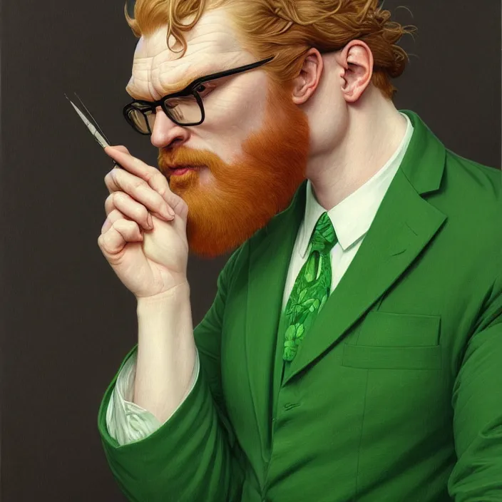 Prompt: symmetry! portrait of a large white ginger man, wearing a green screen suit, wear thick rim glasses, intricate, elegant, highly detailed, digital painting, artstation, concept art, smooth, sharp focus, illustration, art by artgerm and greg rutkowski and alphonse mucha, 8 k