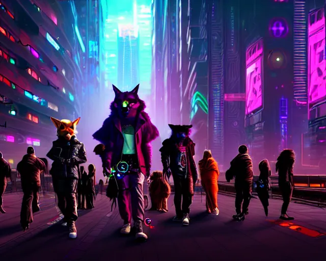 Image similar to high - resolution photograph from a cyberpunk era furry fandom convention ( midwest furfest 2 0 4 7 ), taking place after the genetic revolution and quantum singularity. photorealistic.