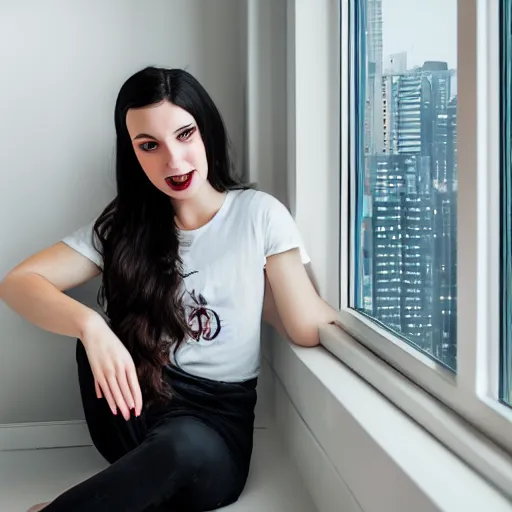 Image similar to portrait of a beautiful girl with dark hair that's styled in a 1940's fashion, dressed in a white t-shirt, sitting in an apartment alone by a window that overlooks a futuristic city, nighttime, mood lighting, ambient lighting, dynamic lighting, low-key neon lighting, 4k, HQ, official media, anime key visual, makoto shinkai, ilya kuvshinov, lois van baarle, rossdraws, detailed, trending on artstation