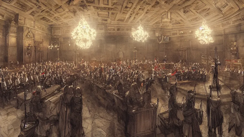 Prompt: parliament session inside of parliament, papyrus, watercolored, jakub rozalski, dishonored, artstation