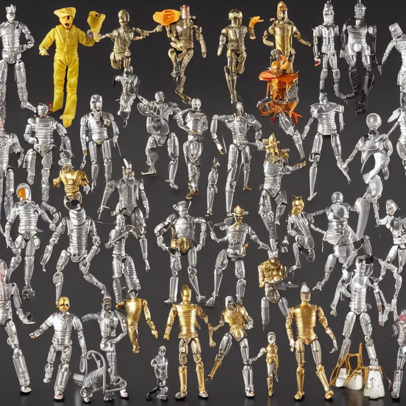 Prompt: a photograph of my collection of action figures of futuristic cyborg tin man from the wiz the movie, happy singing & dancing, 4 k, highly detailed, award winning, look at all that detail!