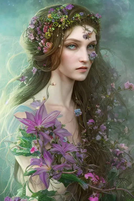 Prompt: a portrait of a beautiful elvish goddess with flowers in her hairs , fairy-like , 8k, highly detailed, sharp focus, ethereal clothes, astral environment, in style of Anna Dittmann and Mark Arial and Artgerm and Gerald Brom
