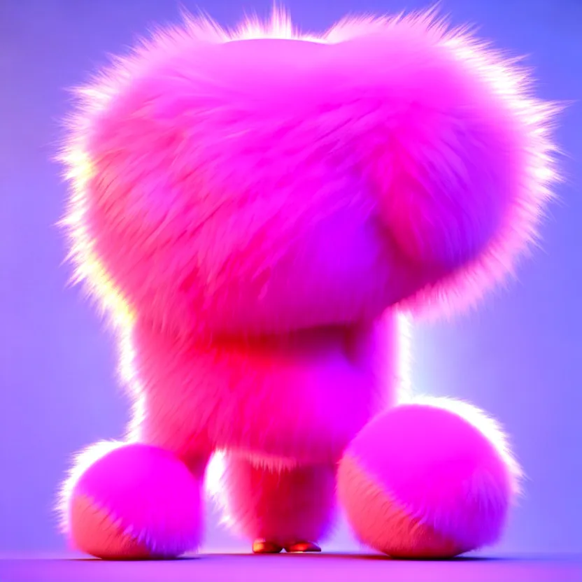 Image similar to high quality 3 d render hyperrealistic very cute pink big spherical creature, plush mascot, short spiky dense fluffy smooth hair, isometric 3 d, psychedelic lighting pink fluffy fur, 1 5 0 mm, beautiful natural soft light, rim light, smooth background, artstation, ultra detailed, elegant, ultra detailed, metallic armor, octane render