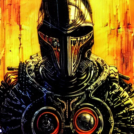 Prompt: cyberpunk knight, atmospheric lighting, painted, intricate, golden hour, ultra detailed by philippe druillet