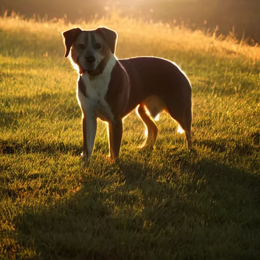 Prompt: dog on grass morning light backlit