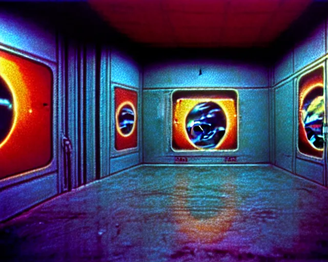 Prompt: interior shot of a space port at night, retro punk, cinematography by Jim Jarmusch, composition by Hale Woodruff,in the style of robert doisneau, grafitti by Aphex Twin, background by Moebius.