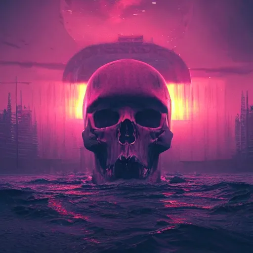 Image similar to beautiful dark bloody flooded landscape, giant robot human skull gears, in the style of beeple and Mike Winkelmann, photo real, ultra realistic, intricate, epic lighting, 8k resolution, unreal engine 5, ultraviolet colors,