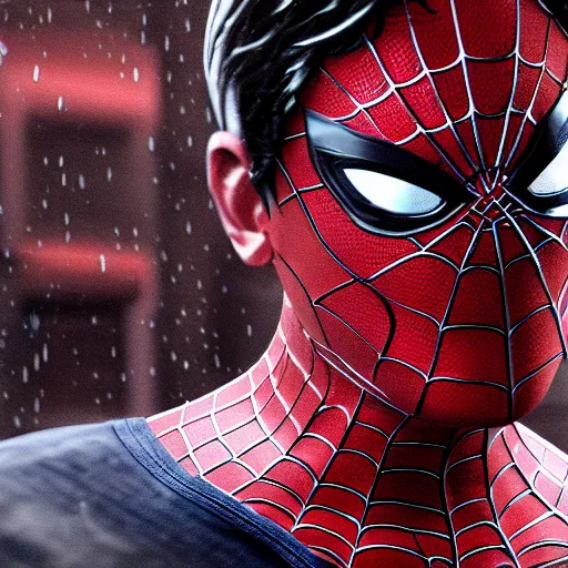 Image similar to Peter Parker as Spiderman , beaten face , heavy rain ,dramatic, intricate, highly detailed, concept art, smooth, sharp focus, illustration, Unreal Engine 5, 8K