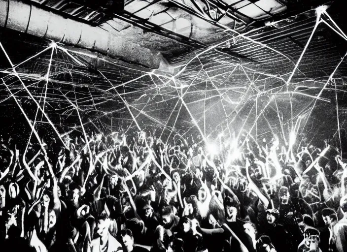 Prompt: satanic 90's underground warehouse rave, laser light show, large crowd, detailed photograph