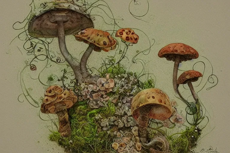 Prompt: retro airbrush detailed ( ( ( ( ( 1 9 5 0 s retro hobot house flower with vines, moss and mushrooms. with old paper background ) ) ) ) ) by jean - baptiste monge,!!!!!!!!!!!!!!!!!!!!!!!!!!!!!