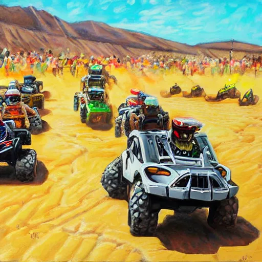 Prompt: all terrain vehicle race, painting by jerome bosch