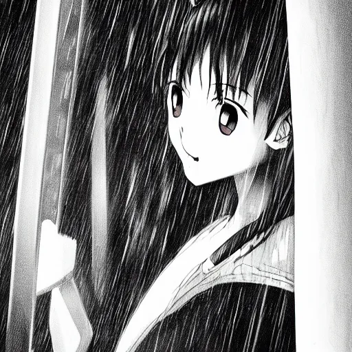 Image similar to anime headshot portrait of young yelling girl on bus station in rain by makoto sinkai, fine details