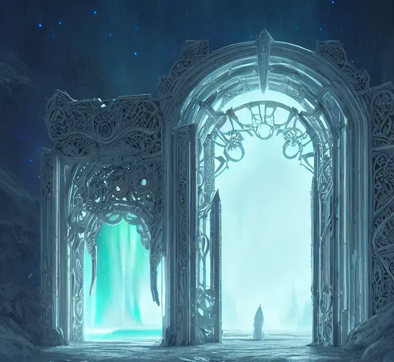 Prompt: a very detailed concept art of intricate and well designed white gates to laplandia, infused with aurora borealis by greg rutkowski, dynamic lighting trending on artstation, symmetry, digital art, 4 k, hyper realistic, octane render, sharp focus