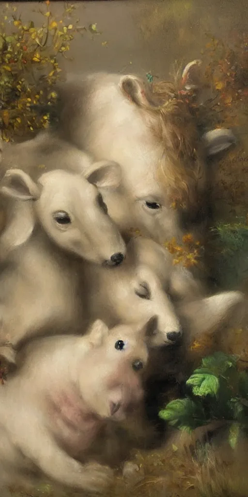 Prompt: Highly detailed and cinematic romantic period oil painting of some very cute plastic animals in pastel colors masterpiece by Josep Tapiró Baró