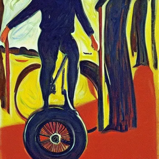 Image similar to Erna Solberg rising a unicycle oil canvas paining by Edvard Munch