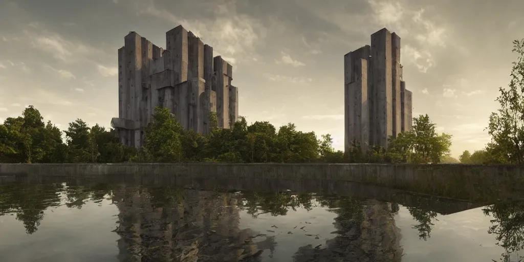 Prompt: an extremely detailed cathedral of brutalist architecture, surrounded by lush green forest, accurate reflections in murky ponds of water, stunning volumetric lighting, sunset, rusted steel, smooth concrete, stunning skies, trending on Artstation, 8k, photorealistic, hyper detailed, unreal engine 5, IMAX quality, cinematic, epic lighting, in the style of Greg Rutkowski