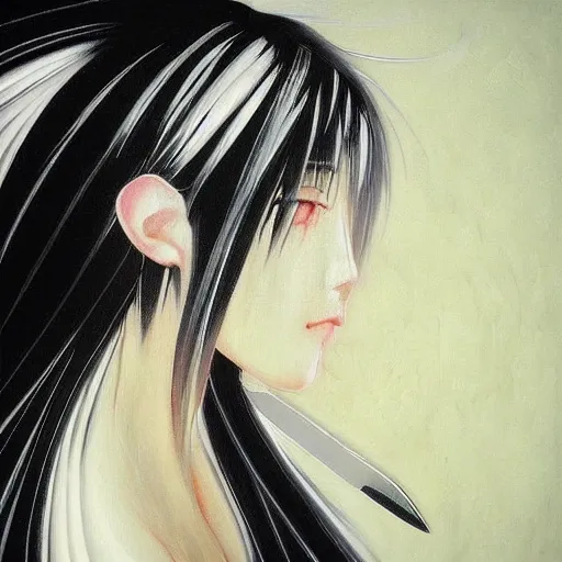 Image similar to “Oil portrait of an anime girl with white hair holding a knife in the style of Yoshitaka Amano, abstract black and white pattern on the background, 1990s vibe, expressive brush strokes, highly detailed, film grain noise effect, renaissance oil painting”