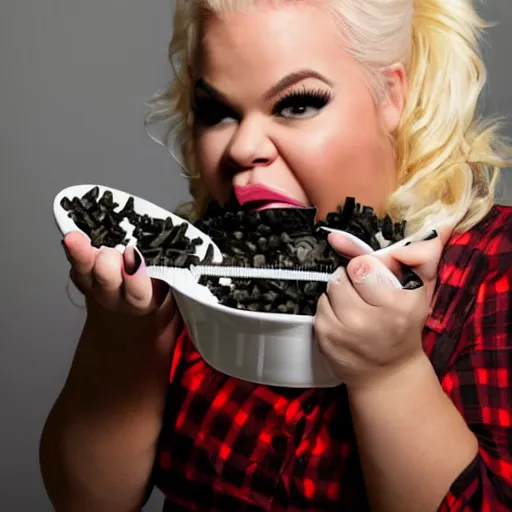 Prompt: trisha paytas eating screws out of a white bowl, stock photography