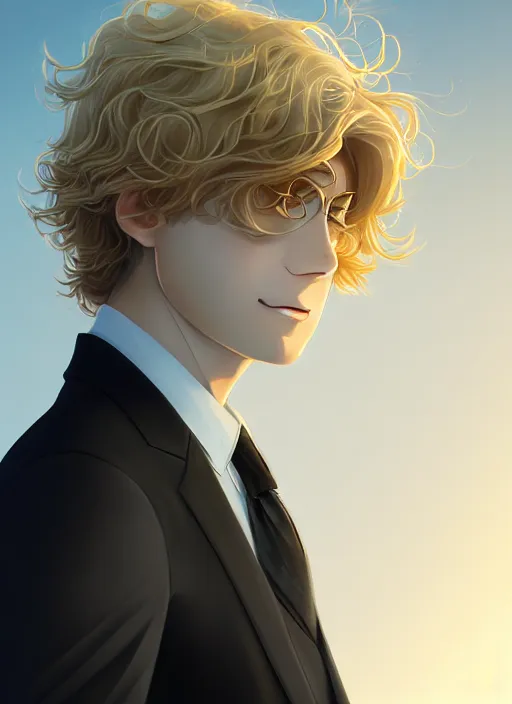 Image similar to young man with medium - length, curly, golden hair, perfectly proportioned face, aquamarine eyes, sweet smile, wearing a black suit, natural lighting, path traced, highly detailed, high quality, animation art, digital painting, by new haicheng and studio ghibli