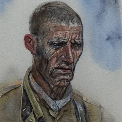 Prompt: Detailed portrait of a weary jarhead. Watercolor.