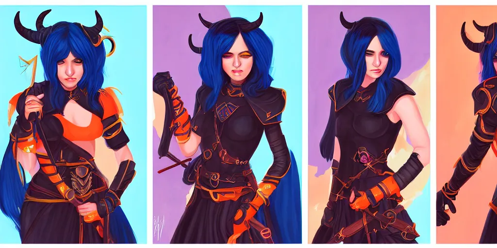 Image similar to triptych of youthful female feminine tiefling female bard with long bob cut blue hairstyle, her skin is tangerine, she has immaculate skin and pure black eyes and is wearing colorful leather armor by rossdraws,