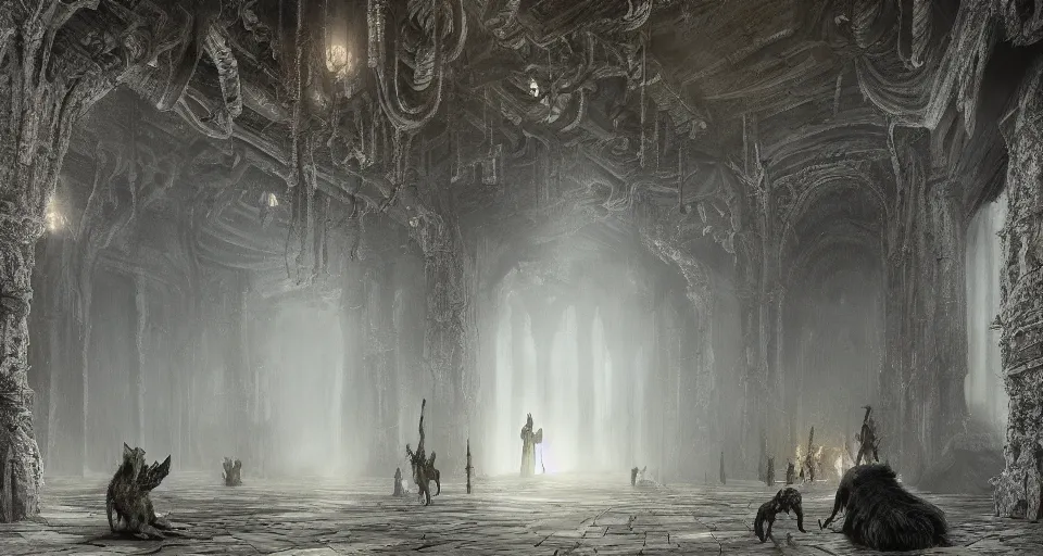 Image similar to king of the wolves - fantasy, inside the king's hall wolves and their treasures, ethereal, ominous, misty, 8 k, by h. r. giger and greg rutkowski, the last guardian by fumito ueda - elden ring