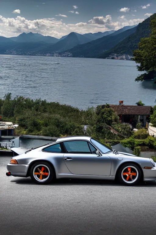 Prompt: Photo of a silver Porsche 911 Carrera 3.2 parked on a dock with Lake Como in the background, daylight, dramatic lighting, award winning, highly detailed, 1980s, luxury lifestyle, fine art print, best selling.