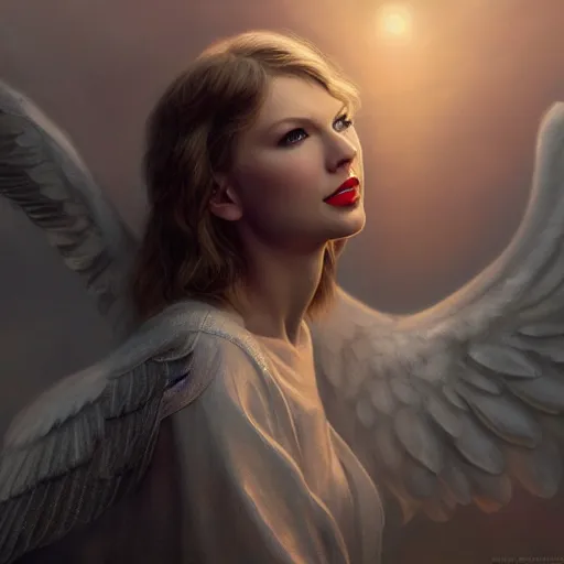 Image similar to taylor swift as a heavenlh angel showing seeds of happiness, clear face, focus, magical world, by greg rutkowski, sung choi, photo realistic, 8 k, cinematic lighting, hd, atmospheric, hyperdetailed, trending on artstation, devainart, digital painting, glow effect