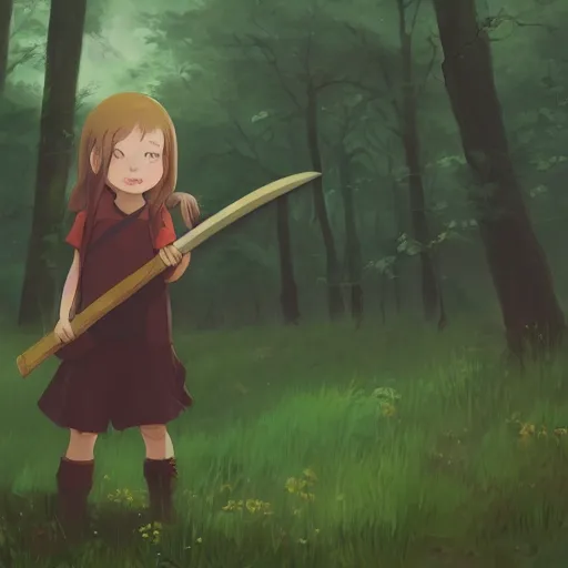 Prompt: portrait of a child with brown pigtails and green eyes, holding an axe, forest background, highly detailed, digital painting, artstation, matte, by makoto shinkai, animation style, studio ghibli, anime key visual