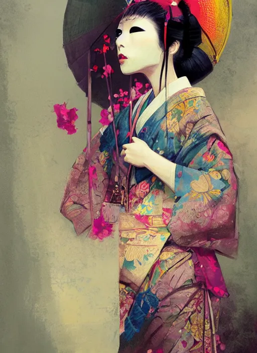 Image similar to female geisha girl, beautiful face, colourful, rule of thirds, intricate outfit, spotlight, by greg rutkowski, by jeremy mann, digital painting