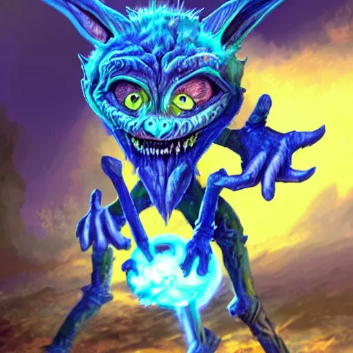 Prompt: a highly detailed goblin with blue skin and green eyes that glow, like magic the gathering, goblin chainwalker, with water in the background, digital art, by christopher rush