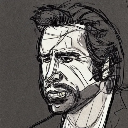 Image similar to a realistic yet scraggly portrait sketch of the side profile of a stern and sophisticated john travolta, trending on artstation, intricate details, in the style of frank auerbach, in the style of sergio aragones, in the style of martin ansin, in the style of david aja, in the style of mattias adolfsson